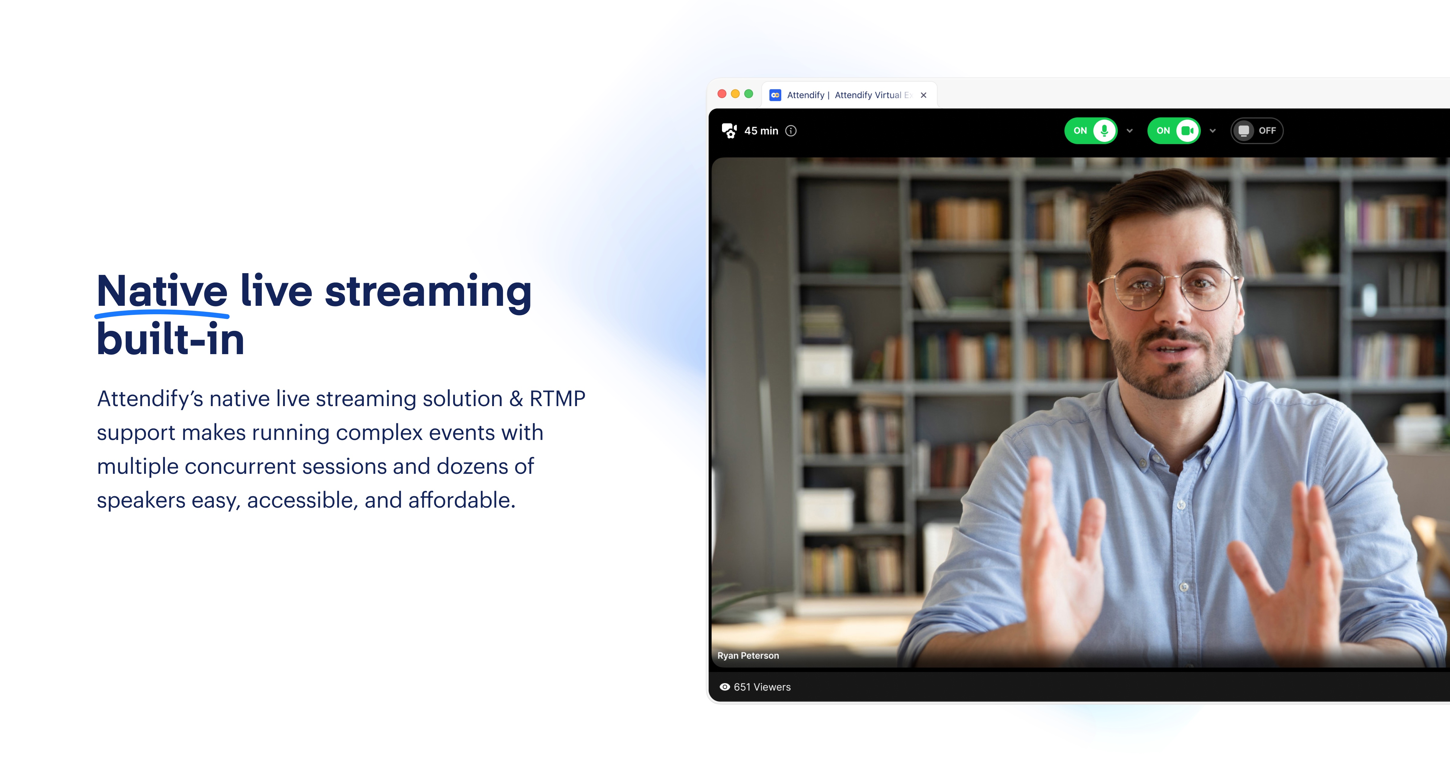 Rely on Attendify's native live streaming, RTMP support, and 3rd-party integrations with Zoom, Youtube, Wistia, and more, to power your live, or on-demand, sessions and videos.-thumb