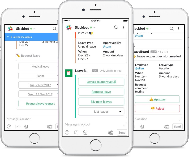 Slack integration allows users to book, track, and approve leave from within Slack channels