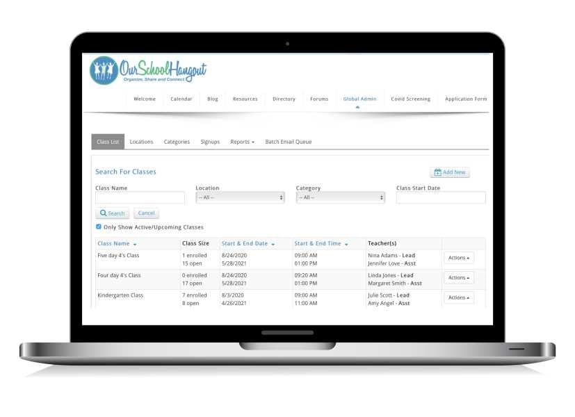 Our School Hangout Software - Class Management: Easily move students, adjust sign-up days, handle mid-year enrollments, and set class size limits with an automated waitlist feature.