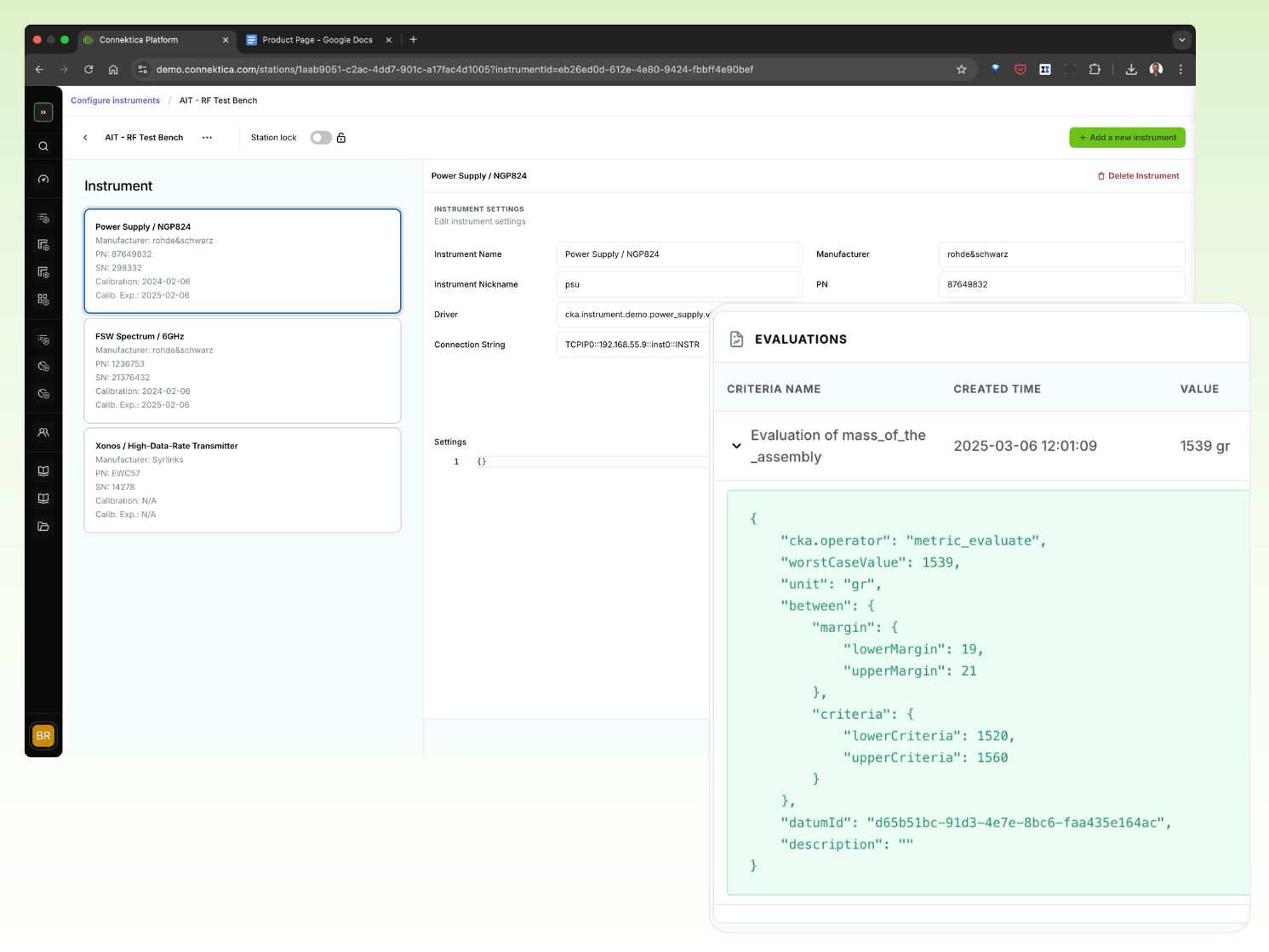 Connektica screenshot: Connektica instrument configuration