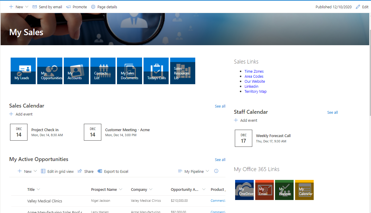 SP CRM screenshot: Sales Rep Workspace