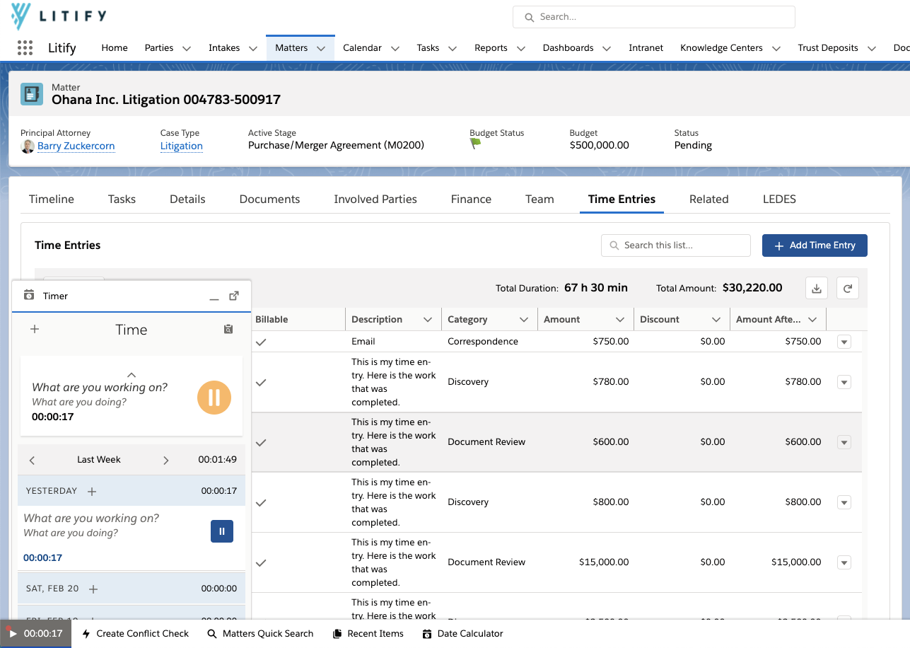 Litify Software - Use our integrated timer or manually enter time. Save time entries to the relevant matter, and manage billing rates and discounts by party.