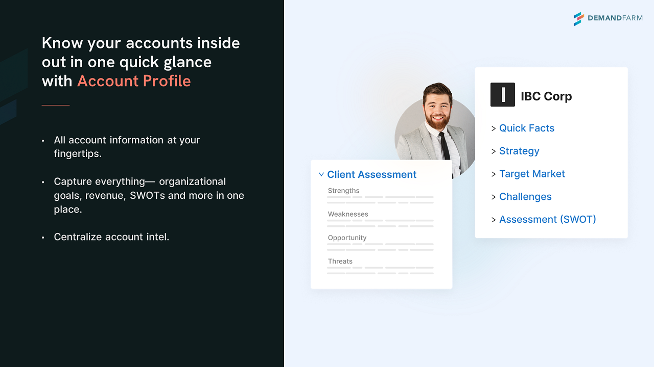 DemandFarm screenshot: Know your accounts inside out in one quick glance with Account Profile.
