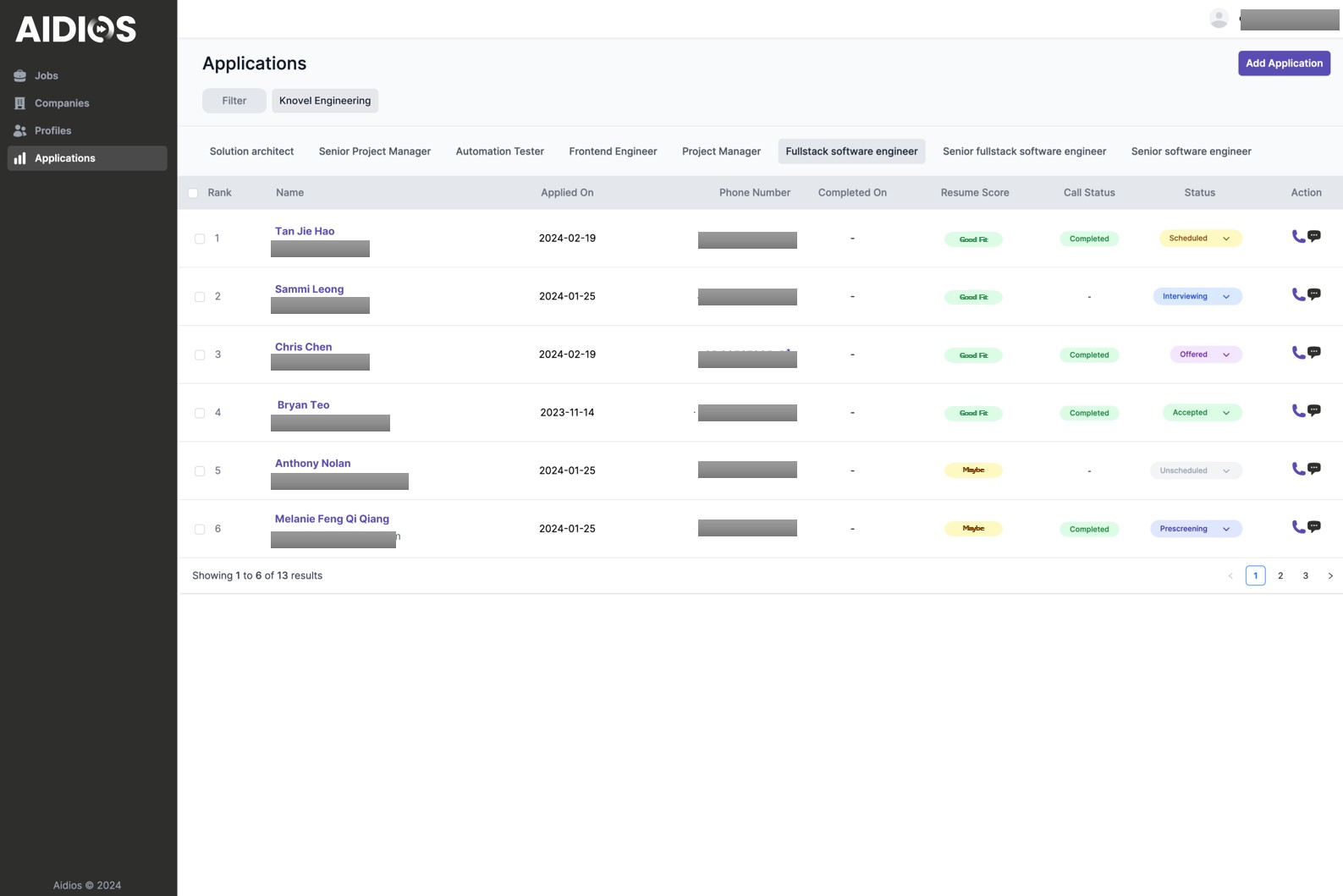 Aidios screenshot: Aidios candidate scoring