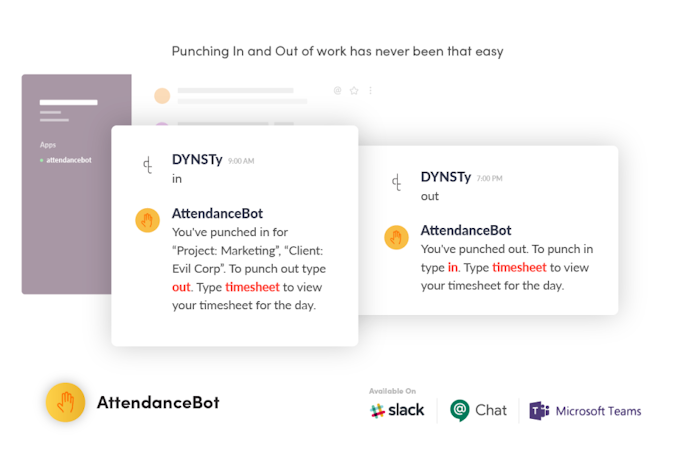 AttendanceBot screenshot: Employees simply type 'in' or 'out' to clock their time