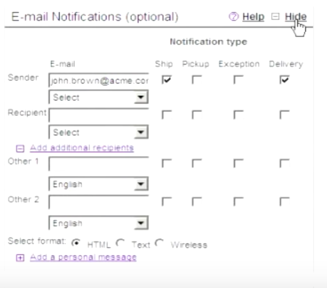 FedEx Ship Manager configuring email notifications