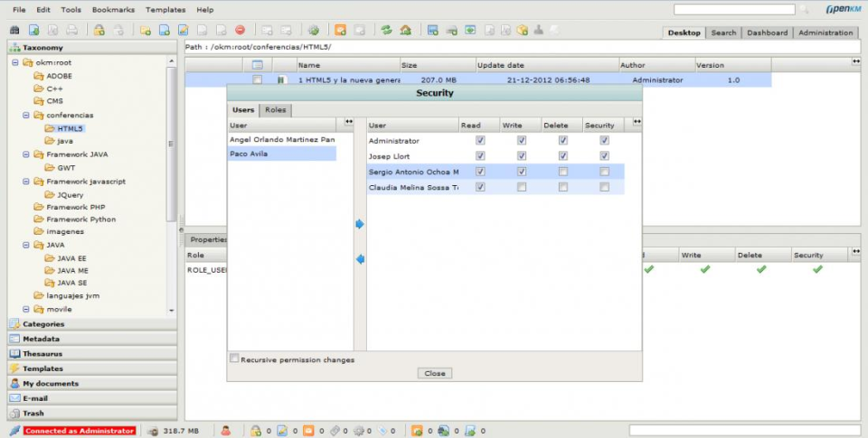 OpenKM Software - OpenKM granular security management screenshot