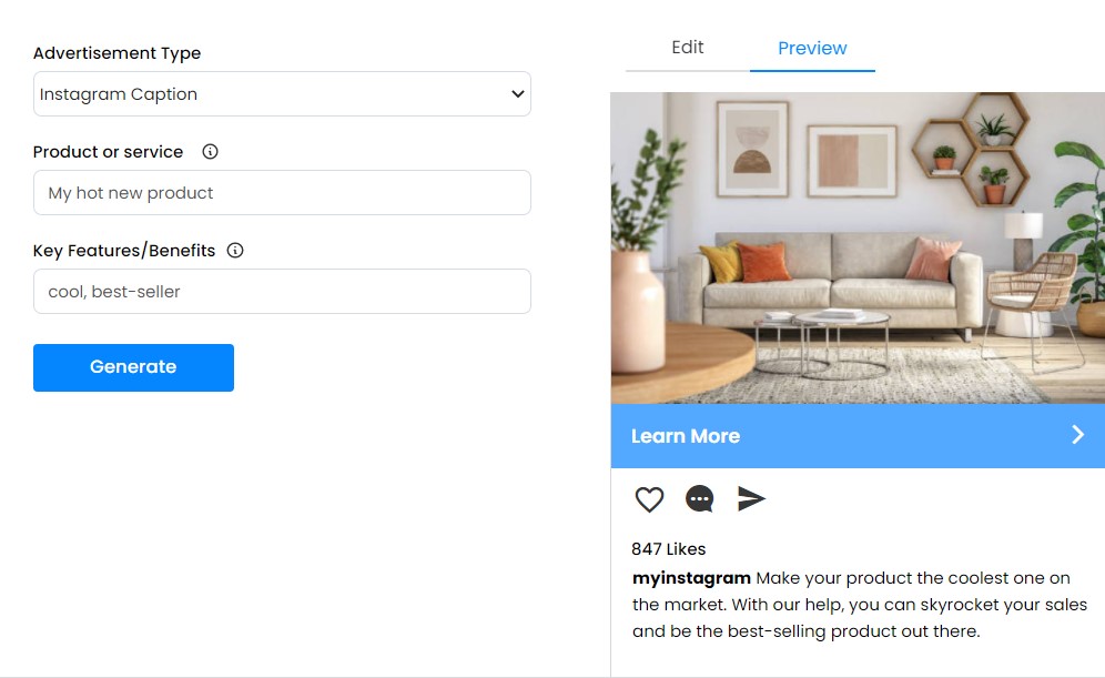 Generate ads optimized for Instagram, Facebook & Google Ads