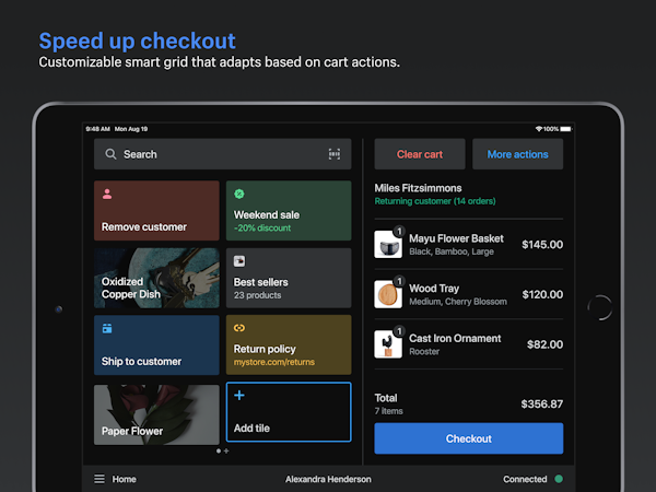 Shopify POS screenshot: Speed up checkout with the customizable smart grid that adapts based on cart actions and staff workflows.