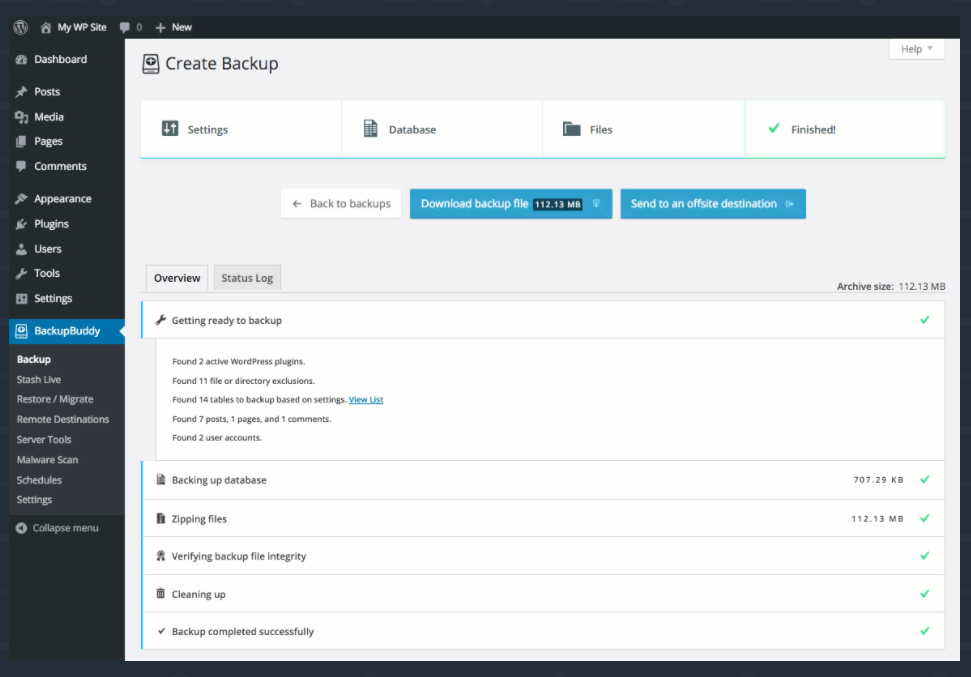 Solid Backups screenshot: BackupBuddy create backup