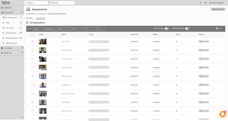 Tazio Software - Applicants can be managed and filtered within the database