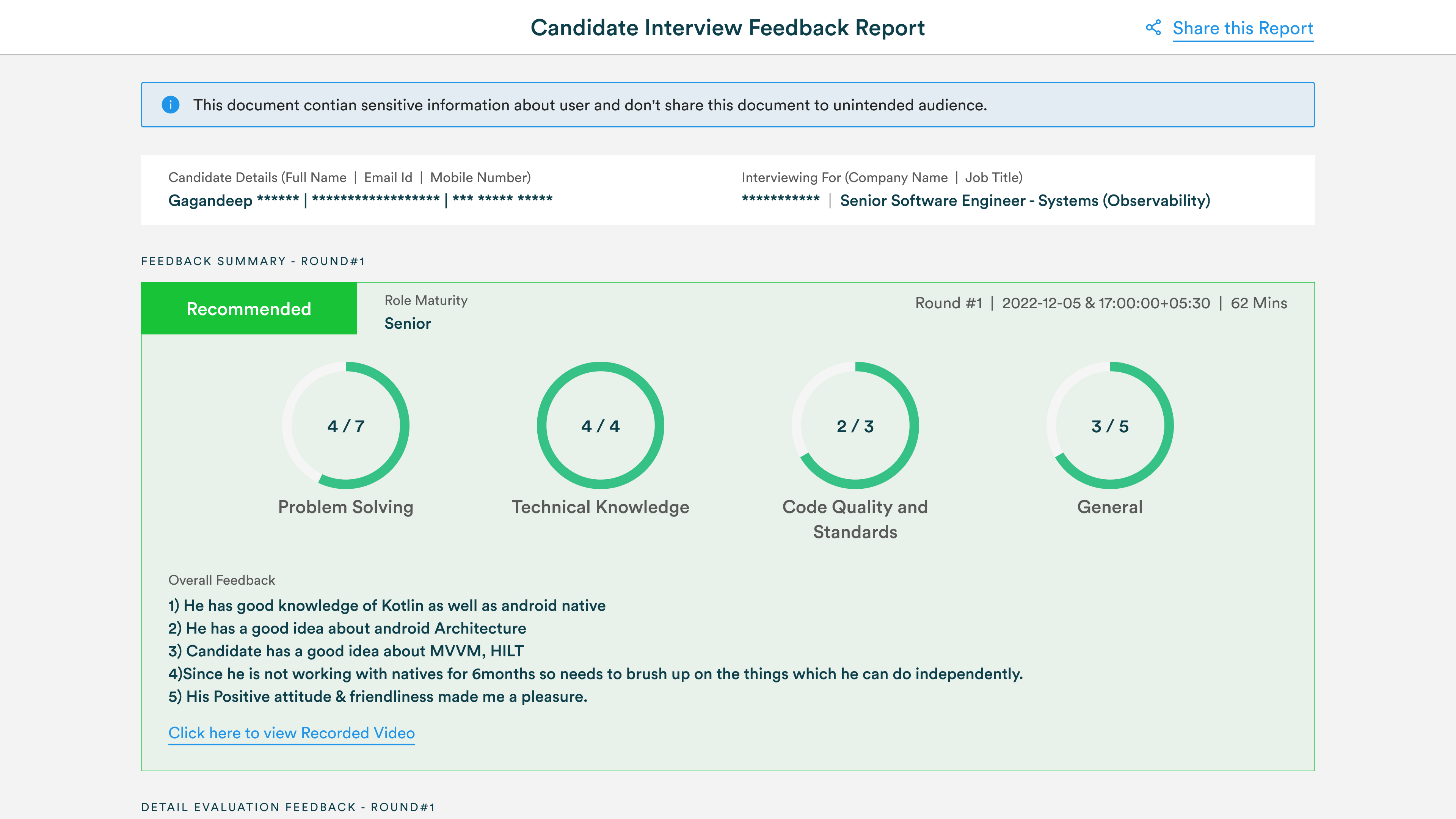 Custom Feedback Report of the Candidate Interview
