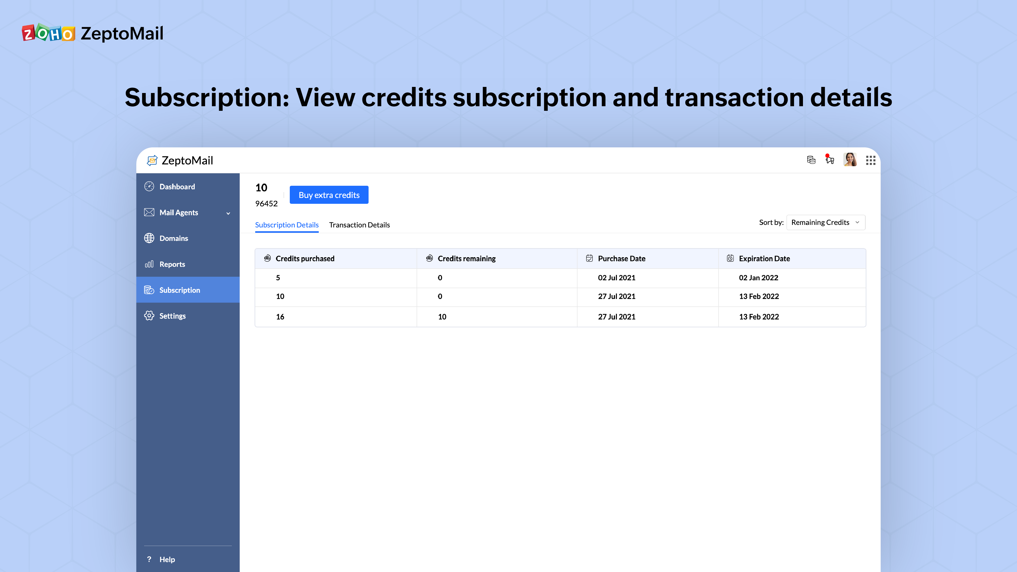Subscription: View credits subscription and transaction details