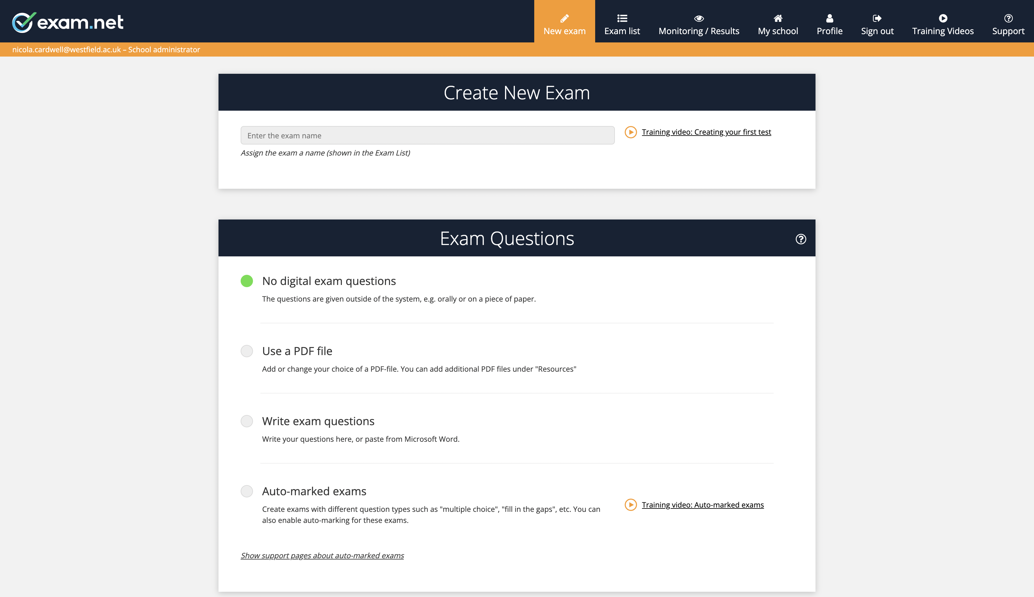 New Exam view: This is where you create a new exam. You can choose between uploading a PDF with existing questions, write exam questions directly in the tool or create an auto-marked exam where marking is done for you.