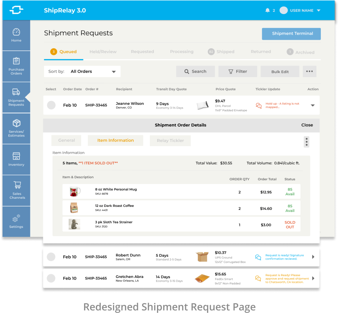 ShipRelay Software - Shipment Request Page