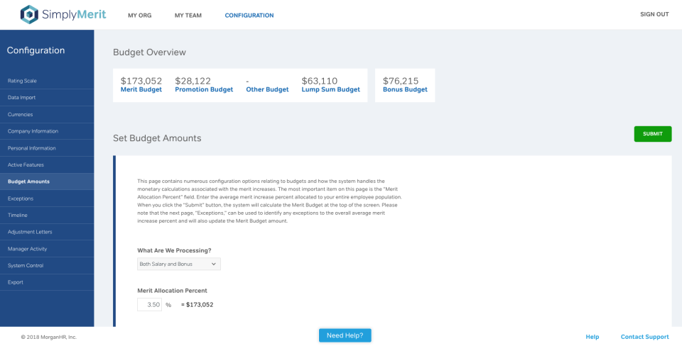 SimplyMerit Software - Configuration options include the Budget Amounts tab, showing a budget overview with a page as shown for setting and submitting budget amounts