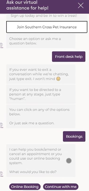 ClinicWise screenshot: Virtual VetNurse chat
