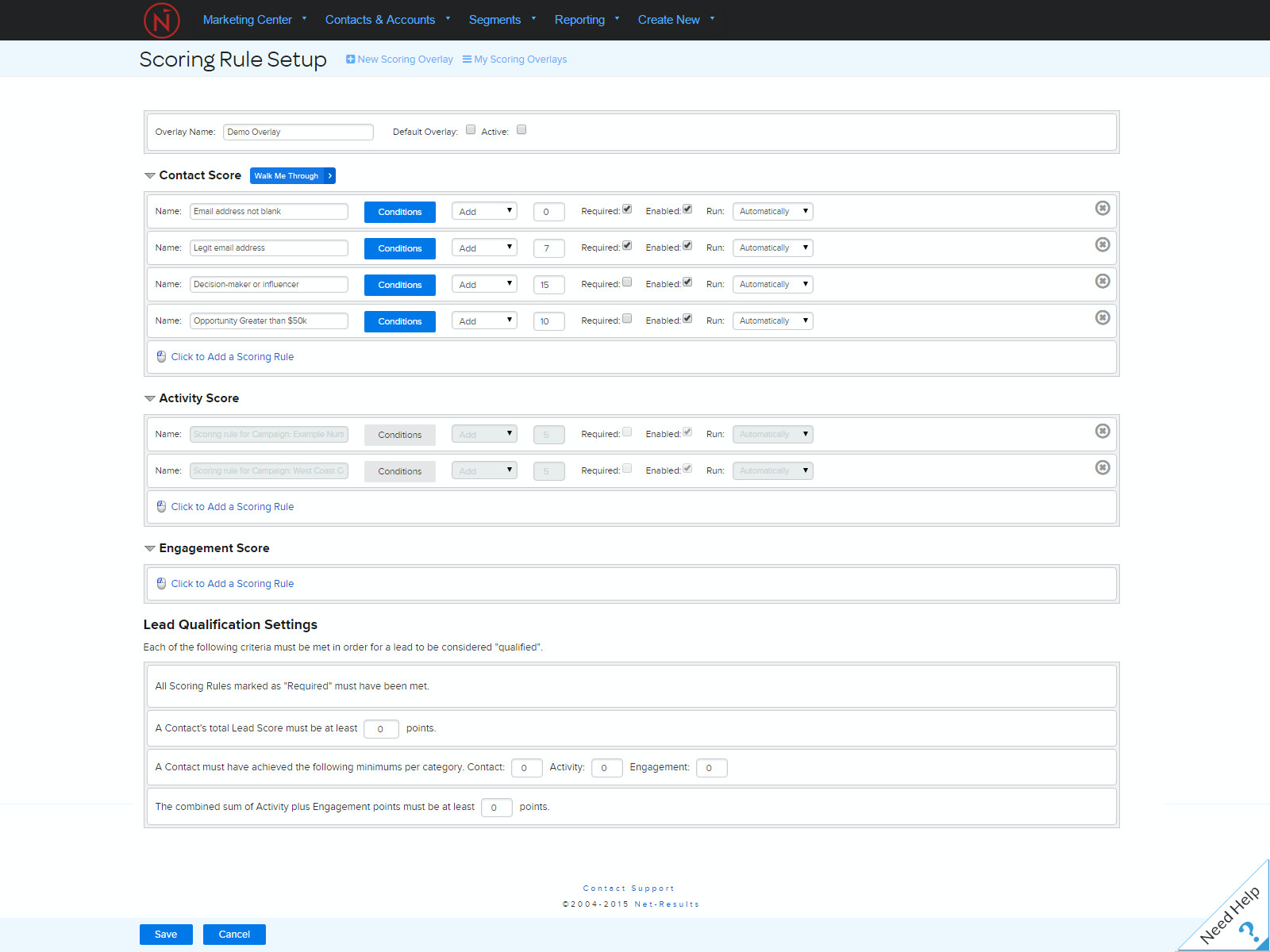 Lead scoring including activity, engagement, and contact scoring with degradation