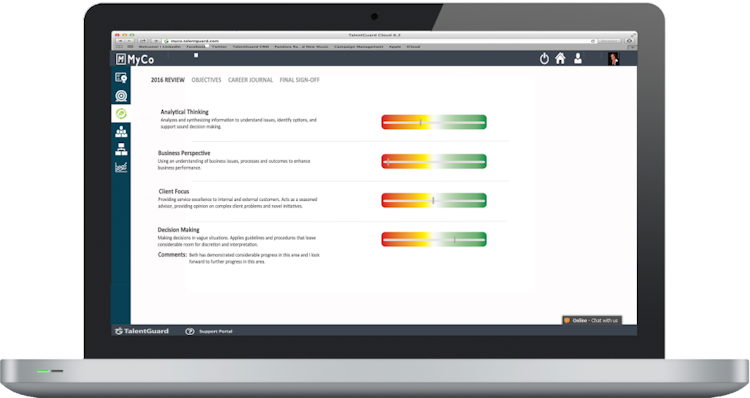 Performance Management screenshot: TalentGuard's performance review solution supports a variety of methods to assess the achievement of goals including numeric ratings, descriptive indicators, descriptors, color scales and/or written feedback