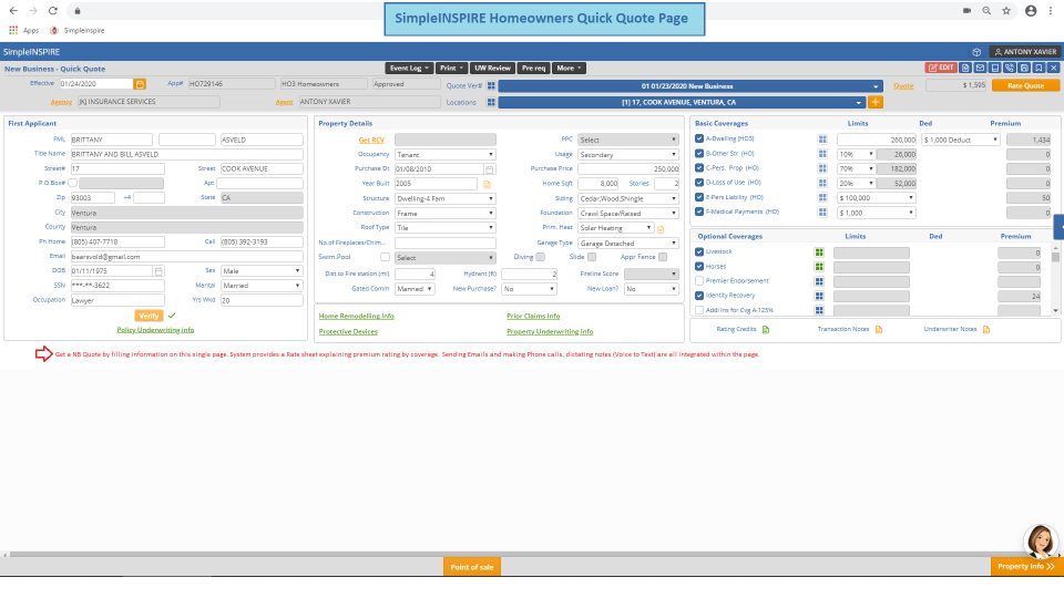 SimpleINSPIRE Software - HO Quick Quote Page