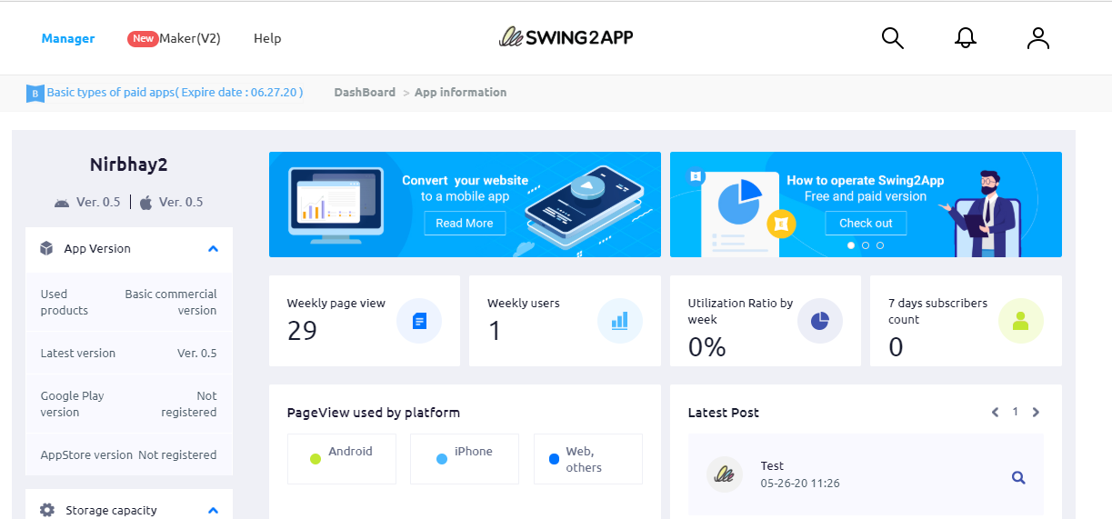 Swing2App information dashboard
