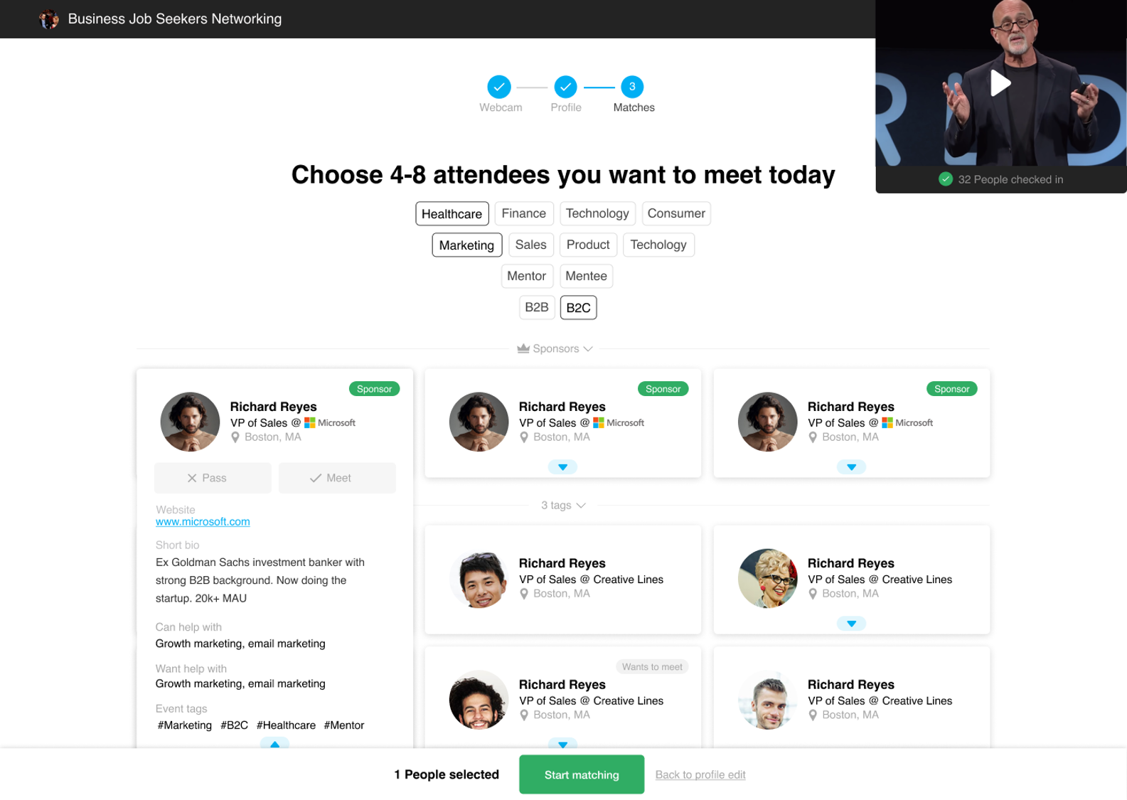 In addition to choosing tags, your audience can select the specific attendees they'd like to meet (or avoid).
