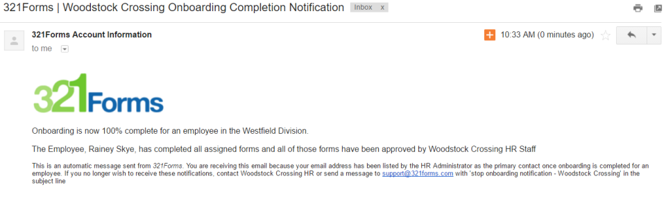 321Forms Software - HR staff are automatically notified by email when an employee completes the automated onboarding process