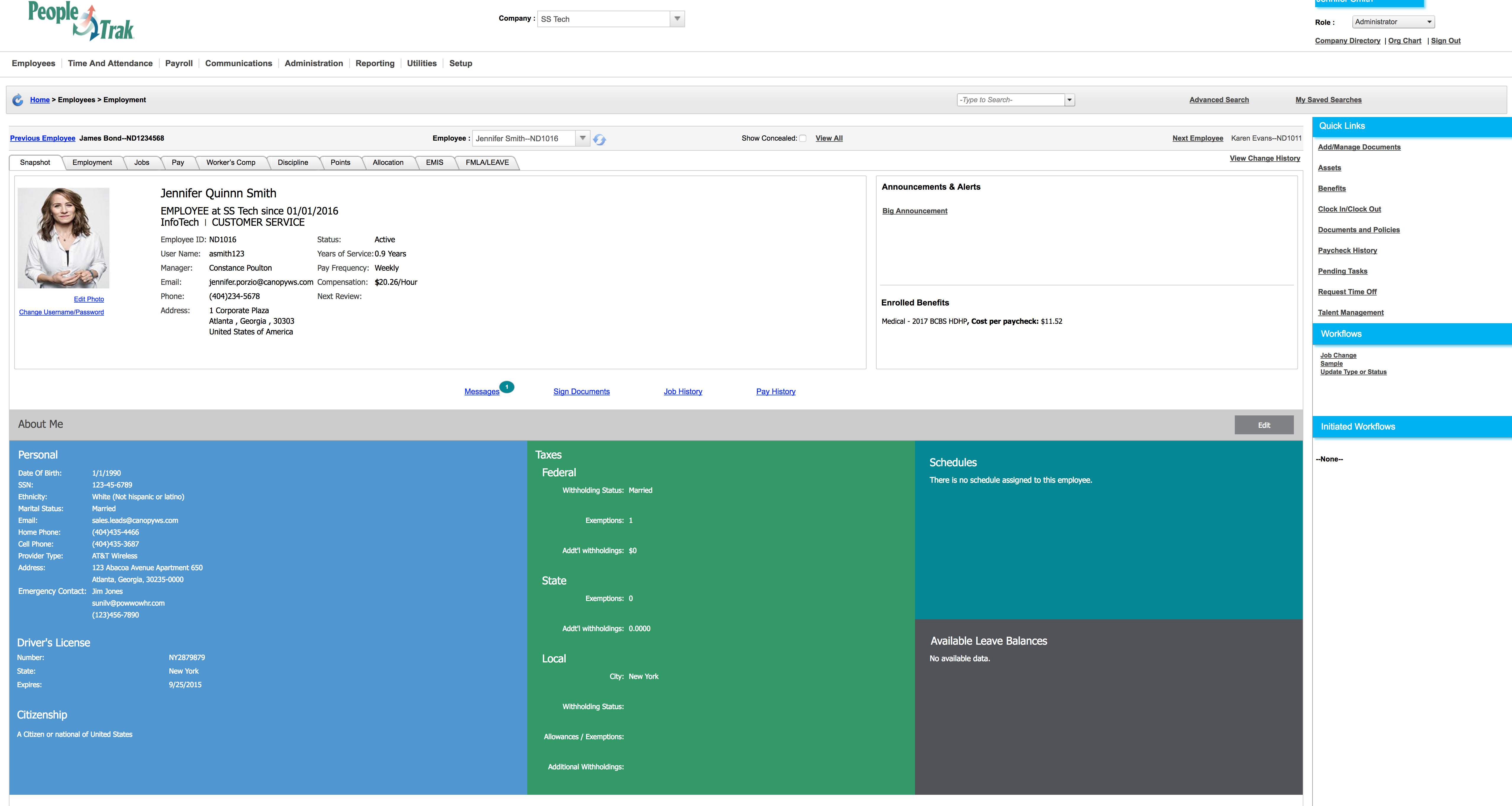 People-Trak HRIS Suite Software - Employee snapshot