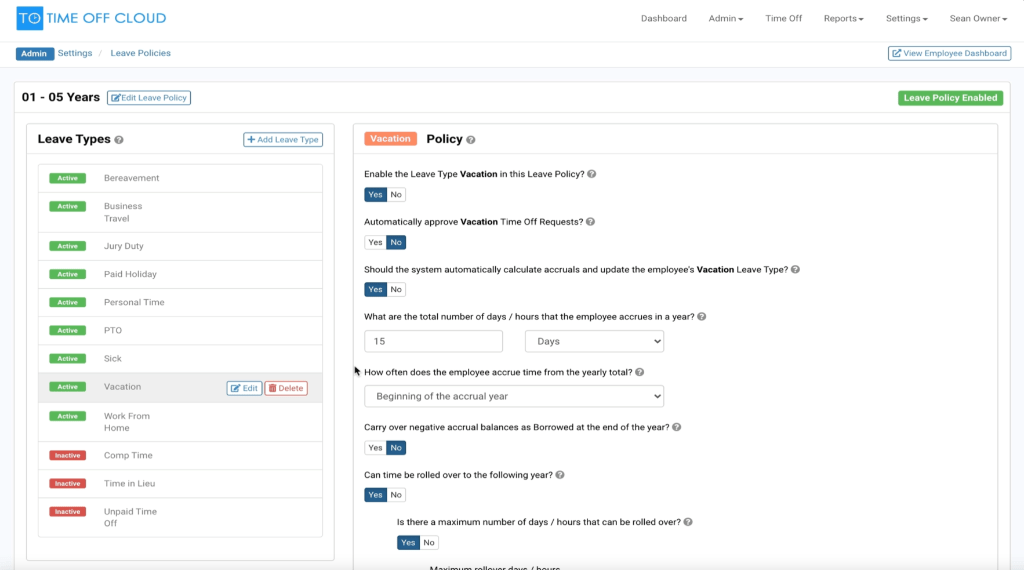 Time Off Cloud Software - Time Off Cloud Leave Policy Editor