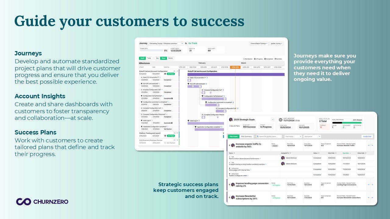 ChurnZero Software - Success isn’t accidental—it’s planned, tracked, and measured. With ChurnZero, you can guide customers through key milestones, provide real-time visibility into their progress, and collaborate on personalized success strategies.