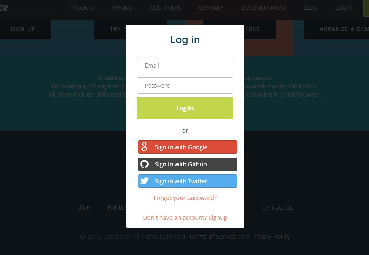 Usetrace screenshot: The Usetrace login page