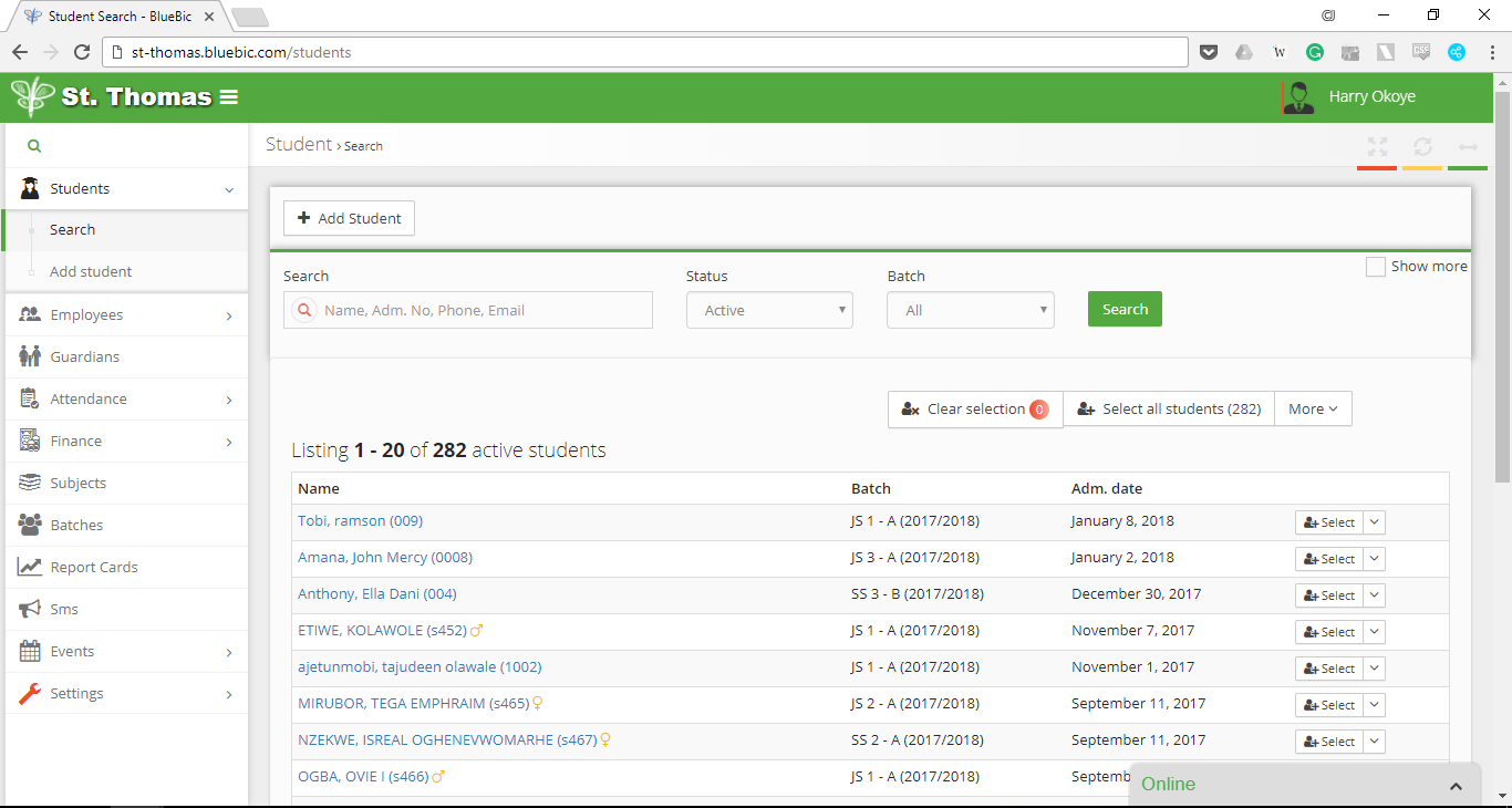 BlueBic screenshot: Search student list