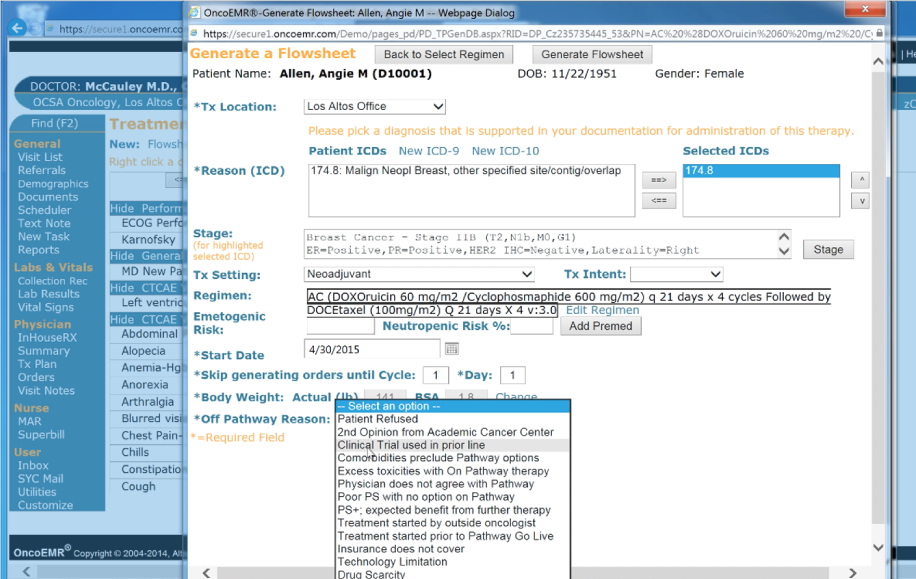 OncoEMR Software - OncoEMR flowsheet