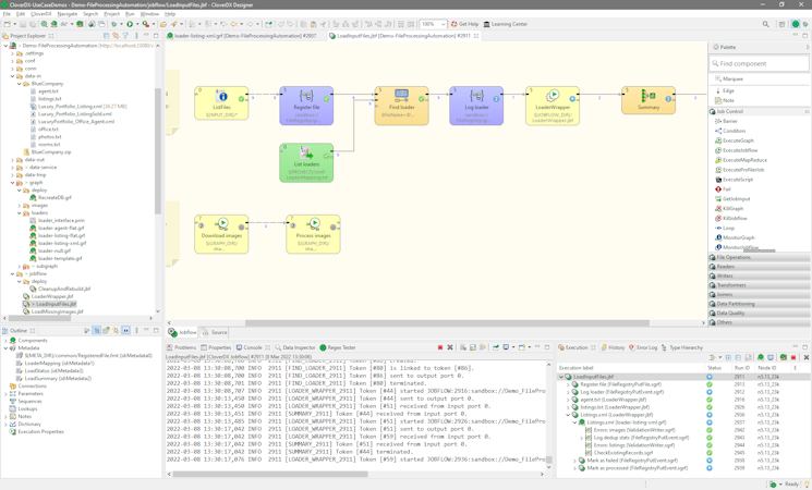 CloverDX screenshot: CloverDX Designer - an example of job orchestration using jobflows