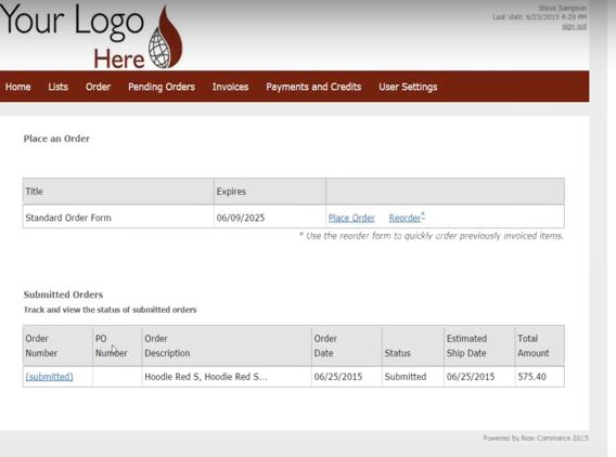 Order submission details with order description and quantity