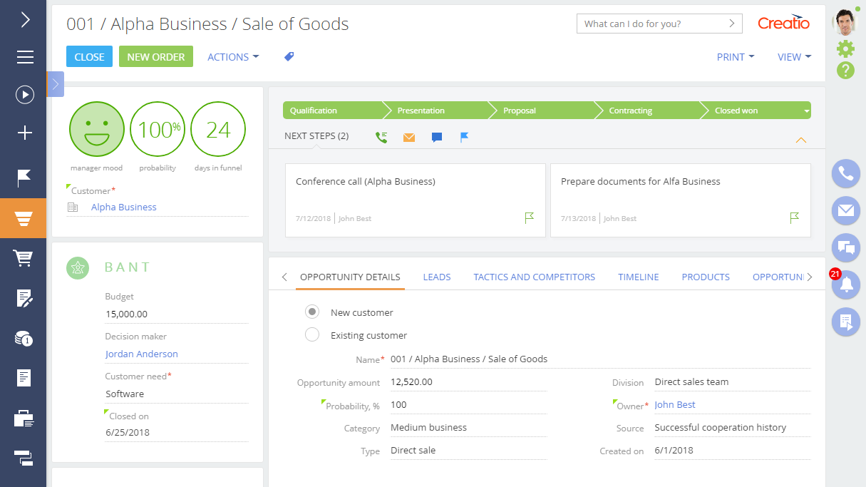 Creatio CRM Software - Opportunity
