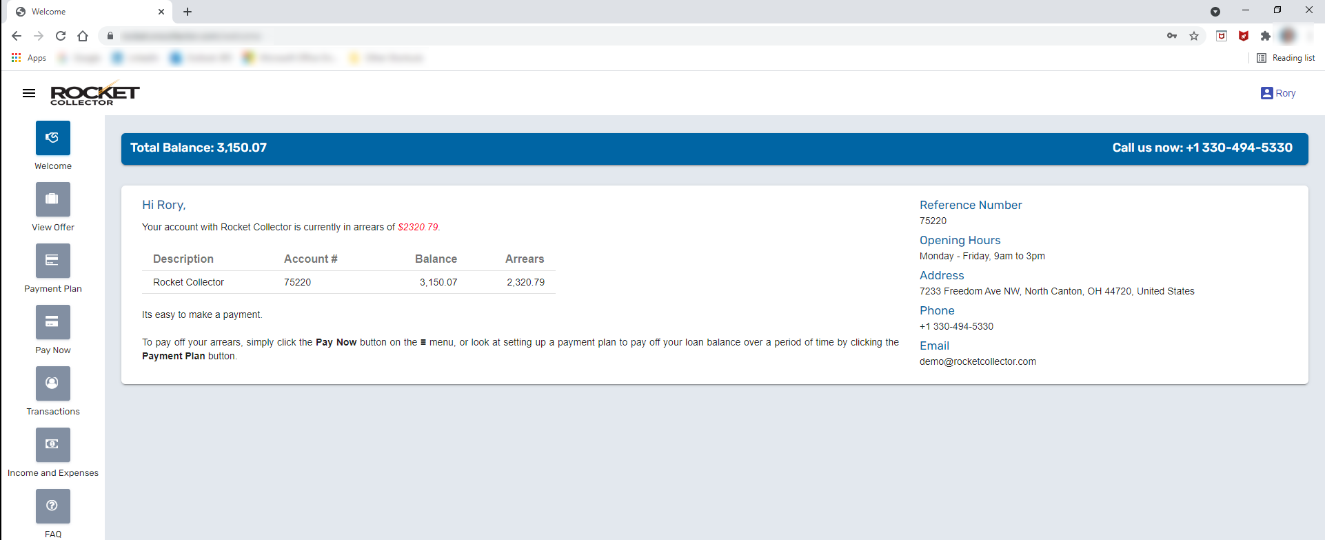 Rocket Collector screenshot: Self Service Portal Welcome Screen