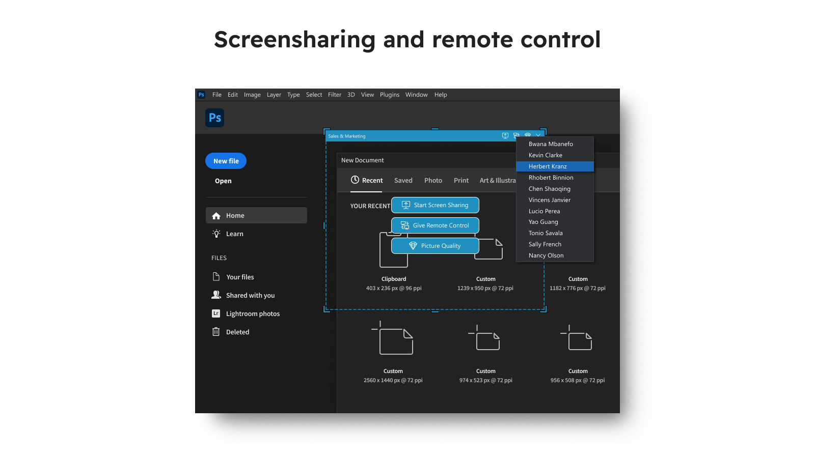 Screen sharing and remote control in Virola