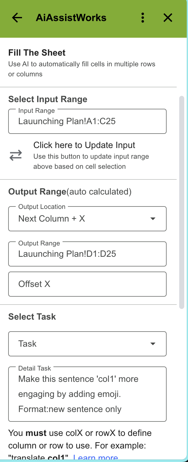 AiAssistWorks screenshot: Fill the Sheet