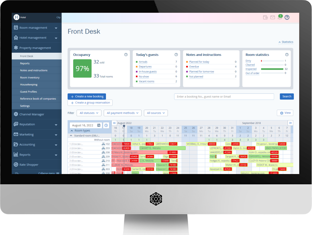 TL WebPMS screenshot: In the tape chart, you will find all the necessary information on your property: rooms, dated bookings, occupancy, and housekeeping statuses. WebPMS is available from any desktop — just log in with your password.