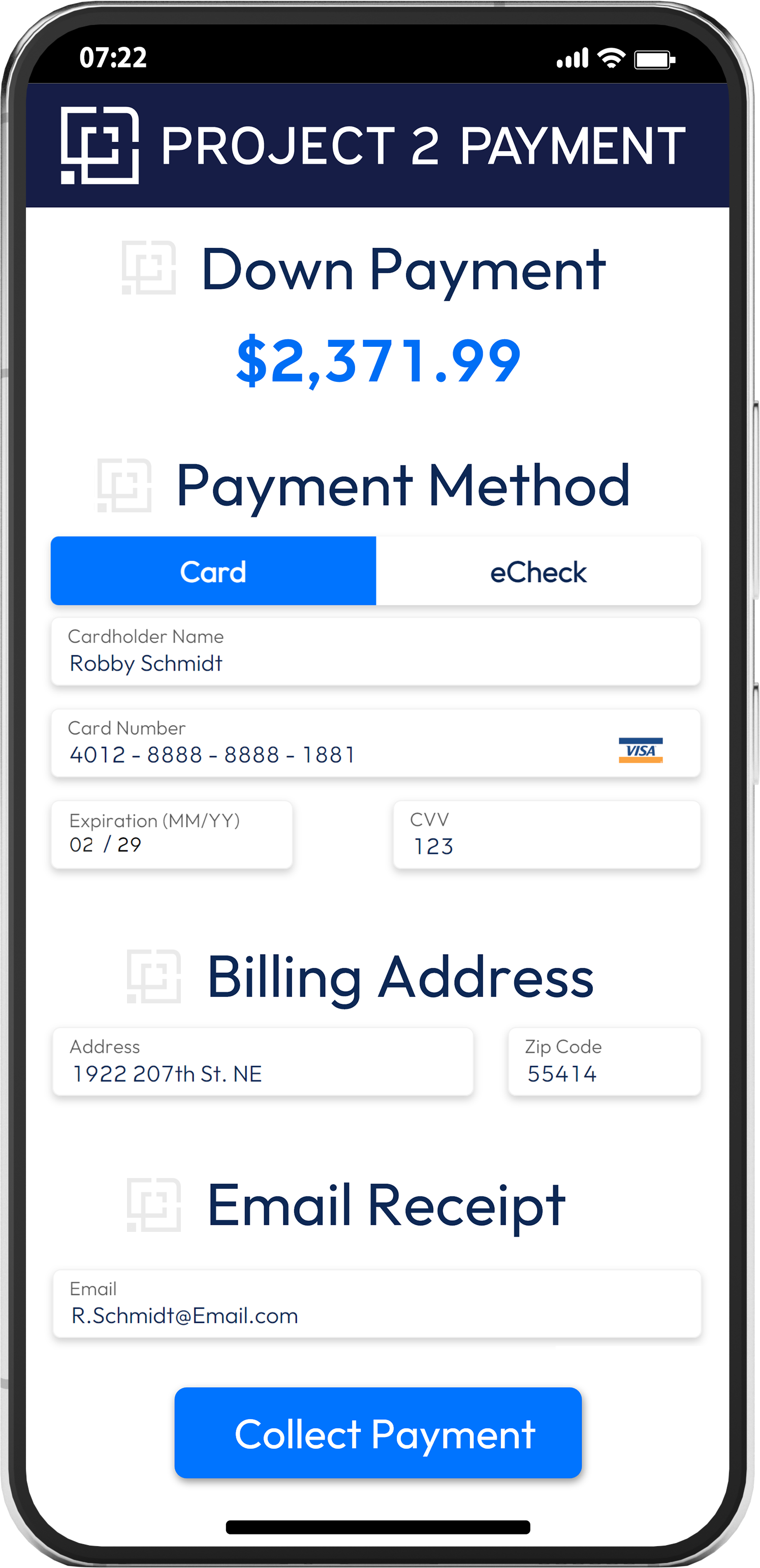 When you need to, take a down payment by typing in the percentage or total amount down. You can send an email to your customer to prompt a down payment instantly and take credit cards, debit cards, and e-checks securely online with Project 2 Payment.