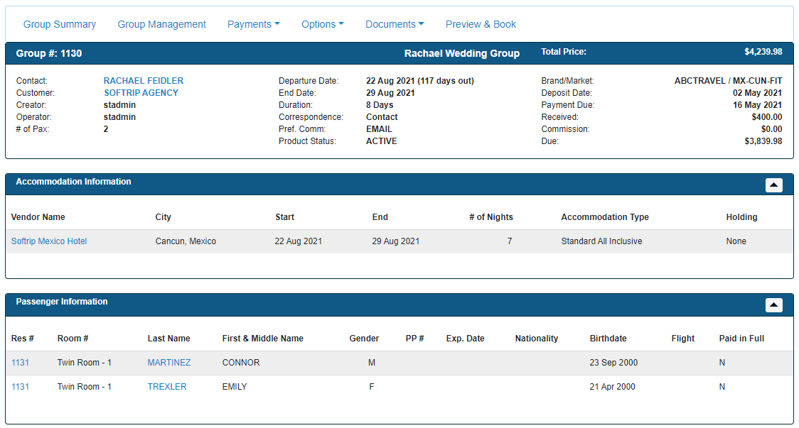 Softrip Groups, viewing a summary of groups traveling and quick entry points to manage group details.-thumb