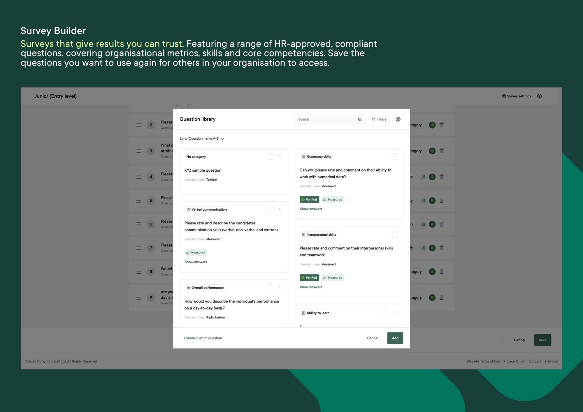 Xref Software - Screenshot of the question library in Xref survey builder for customising surveys