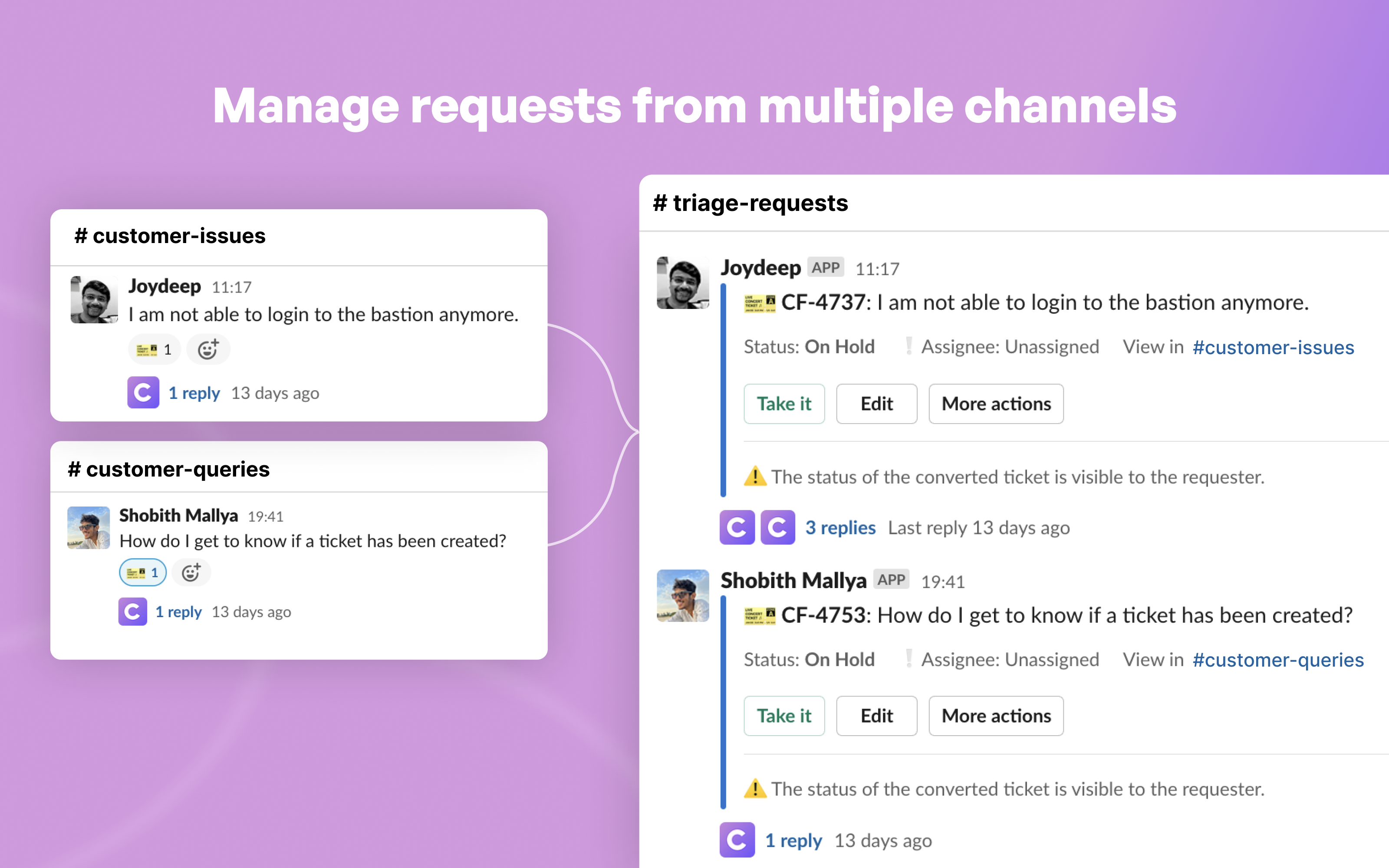 ClearFeed screenshot: Track and respond to requests across customers from one channel, collaborate privately on customer threads, convert discussions into tickets and engineering tasks