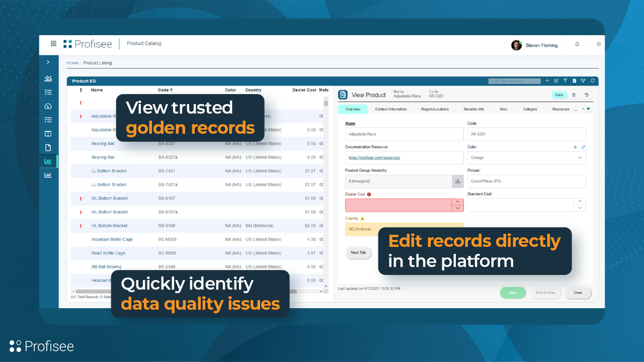 Screenshot of The Profisee Platform's web-based stewardship experience where users can view golden records, identify data quality issues and edit records from any source system natively on the web.