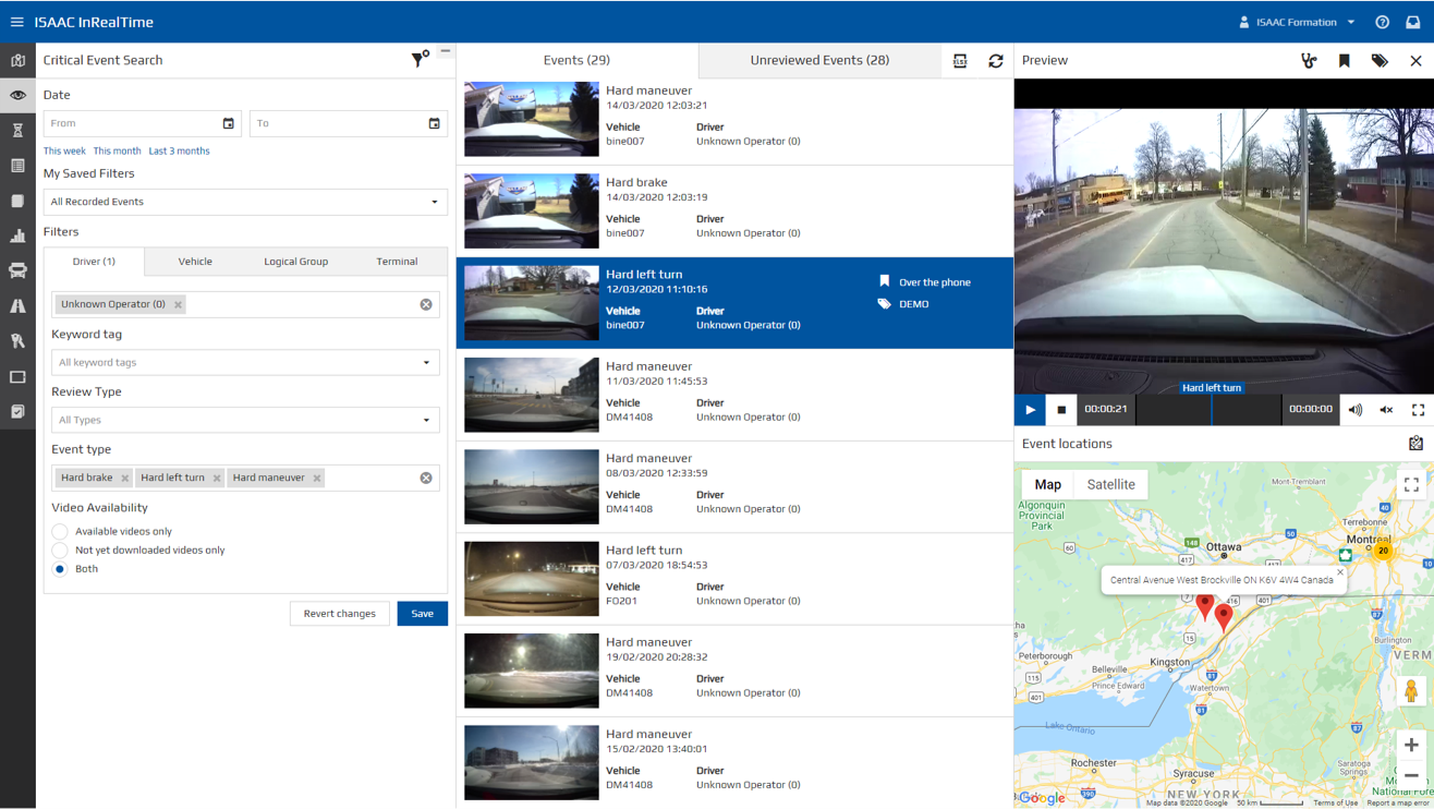 ISAAC InRealTime Fleet Management Software: safety officer's dash cam critical event selection view