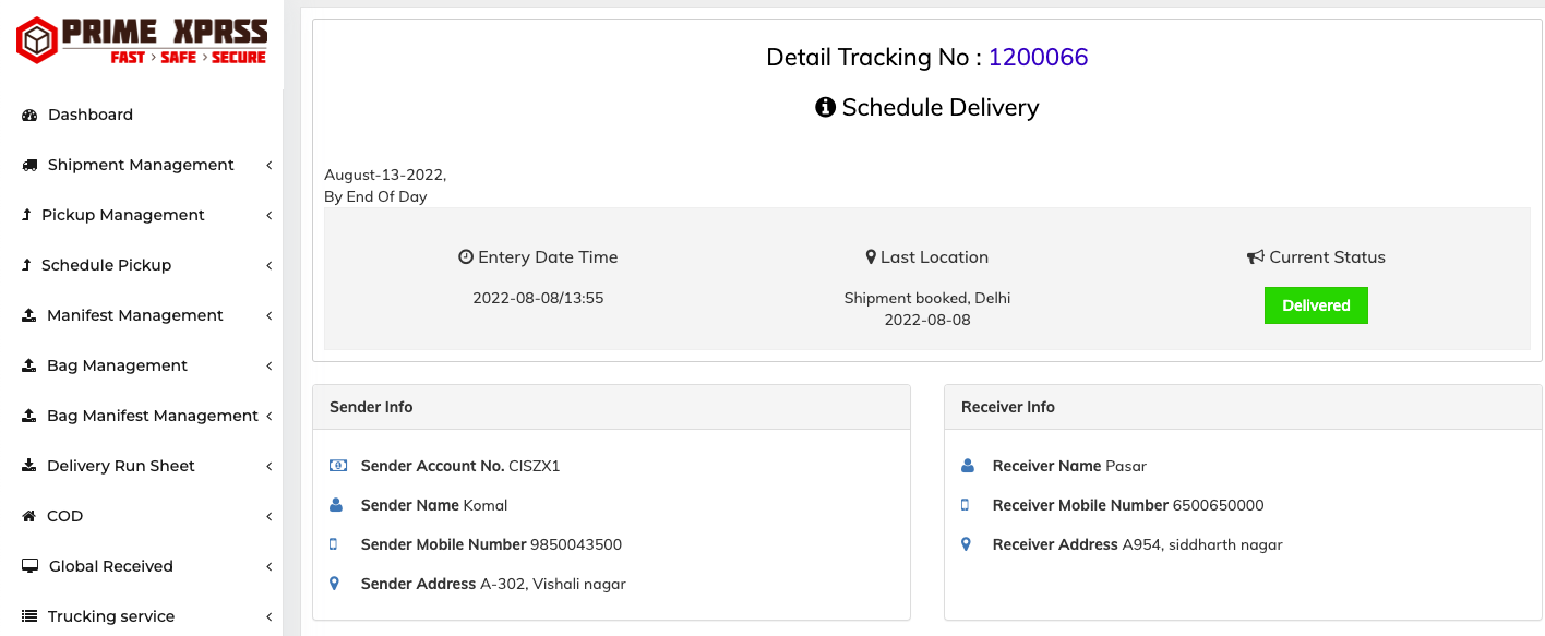 Delivered Shipment Details
