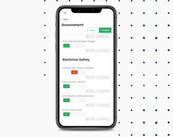 Salute Safety screenshot: Salute Screenshot: Conduct inspections, create findings, and assign corrective actions directly from the field with your mobile device. Create your own checklists and assessments or use one of our templates.