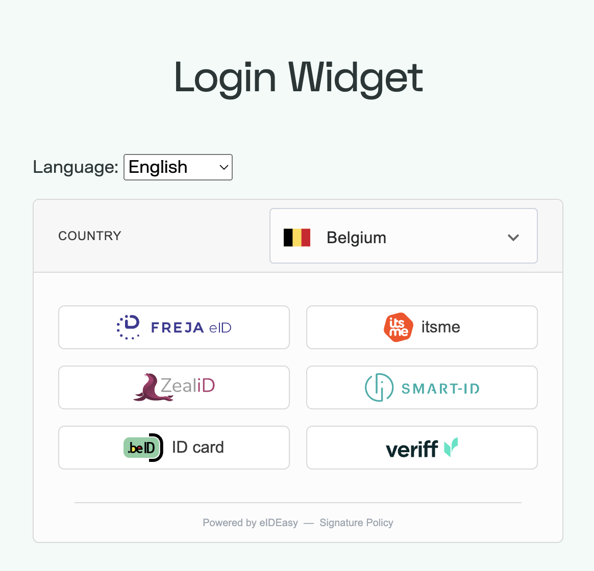 eID Easy screenshot: eID Easy Demo Area for eID Authentication Login Widget showcasing Supported Methods in Belgium, covering providers like itsme, Smart-ID, Belgium ID Card, ZealID, Freja eID and Veriff. 