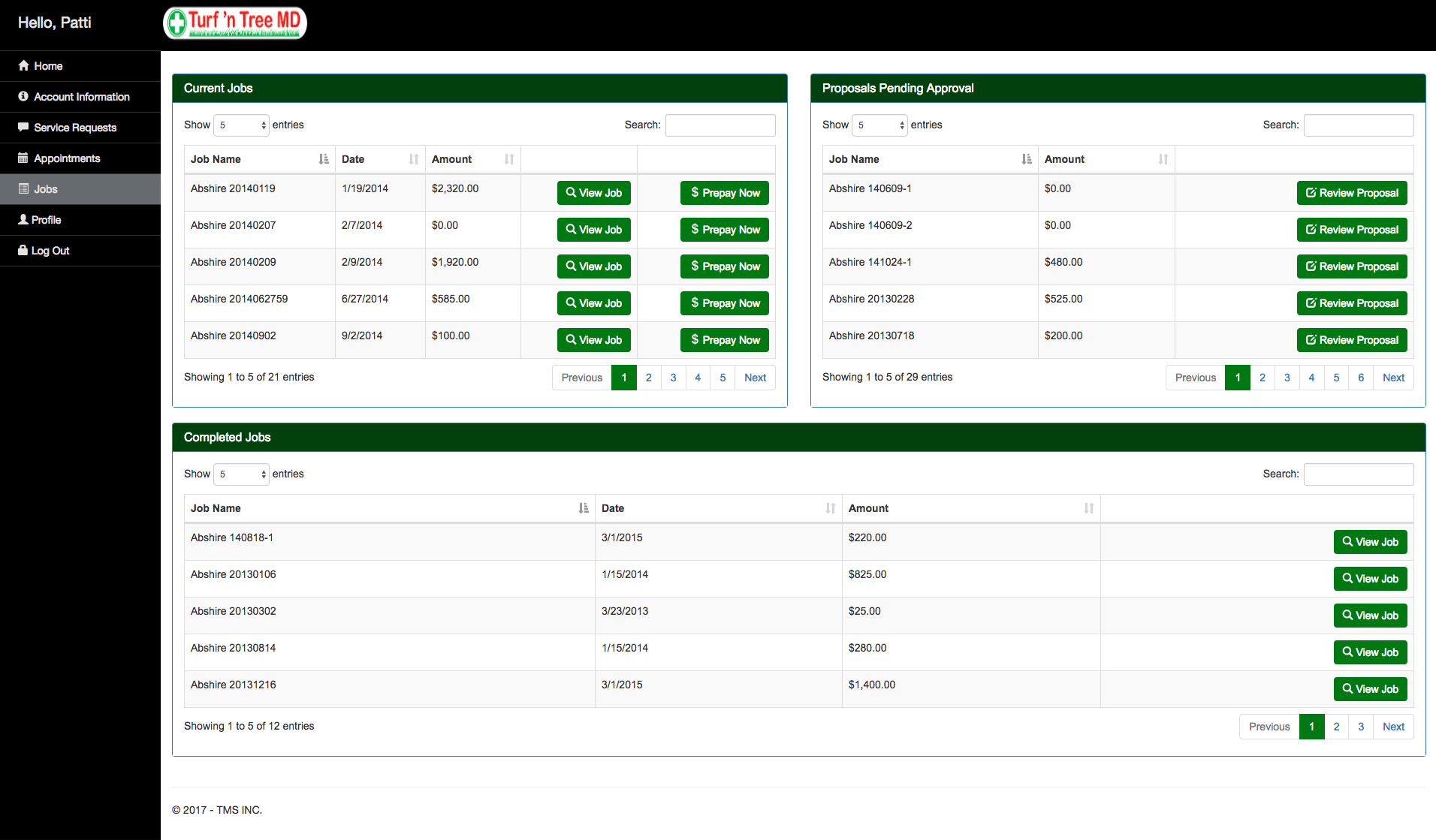 The customer portal allows users to view and approve proposals, view job history, and jobs in progress